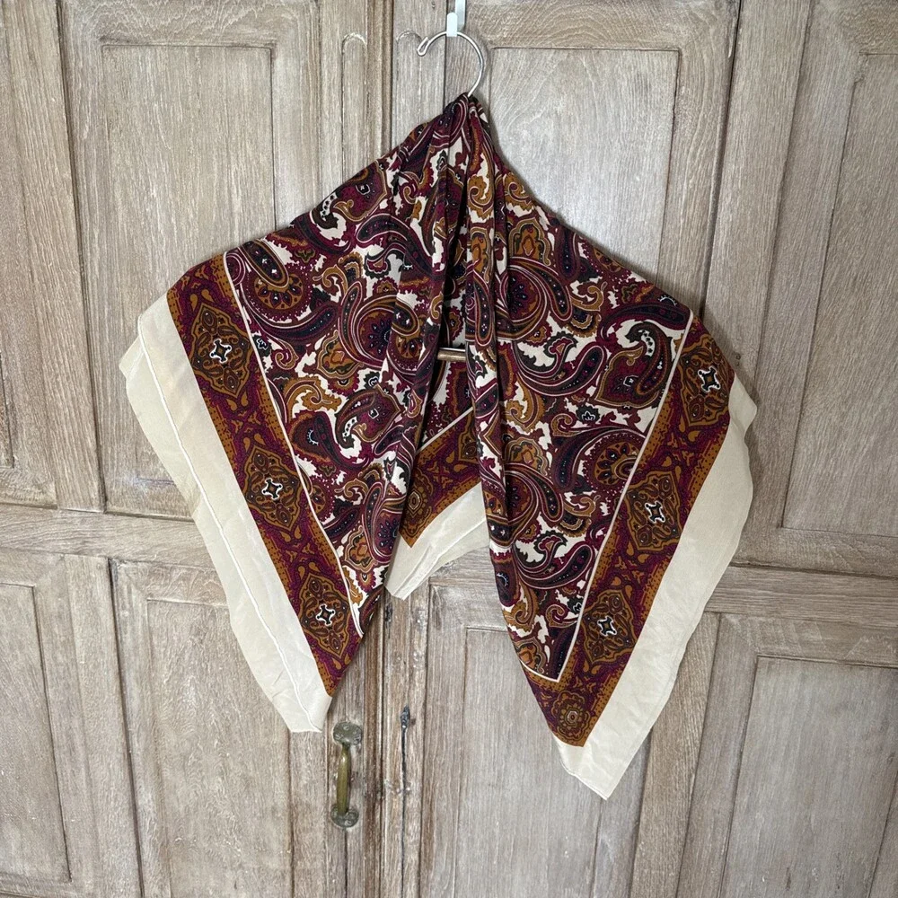 Vintage Silk Paisley Scarf 32x34 Burgundy Rust Mustard Gold Ornate Border 70s